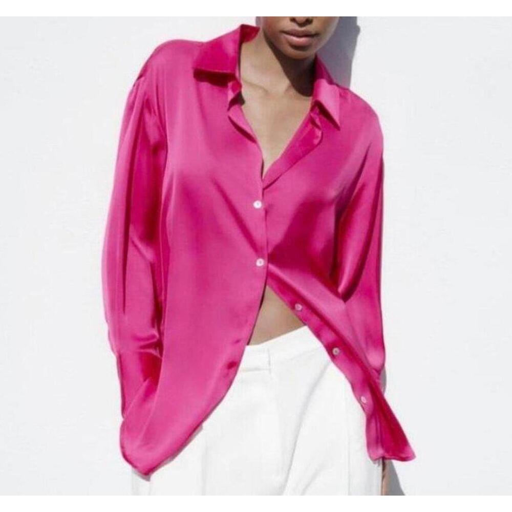 Zara Satin Basic Shirt Light Fuchsia Blouse XS | Great Condition | Chic Style